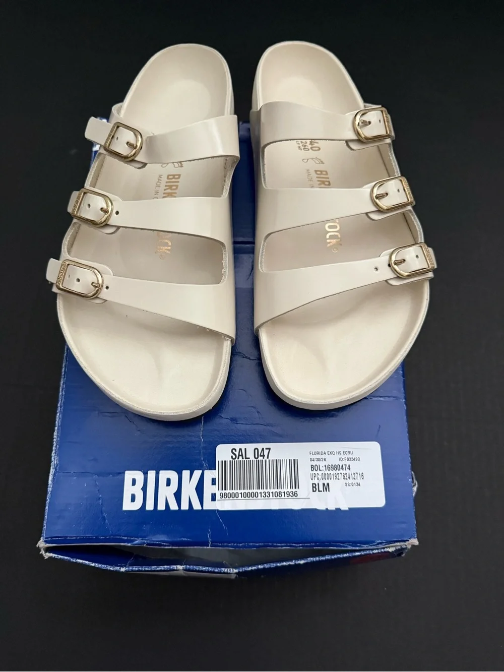 Birkenstock Florida Fresh Sandal in Ecru with Gold Buckles Size 9 NEW